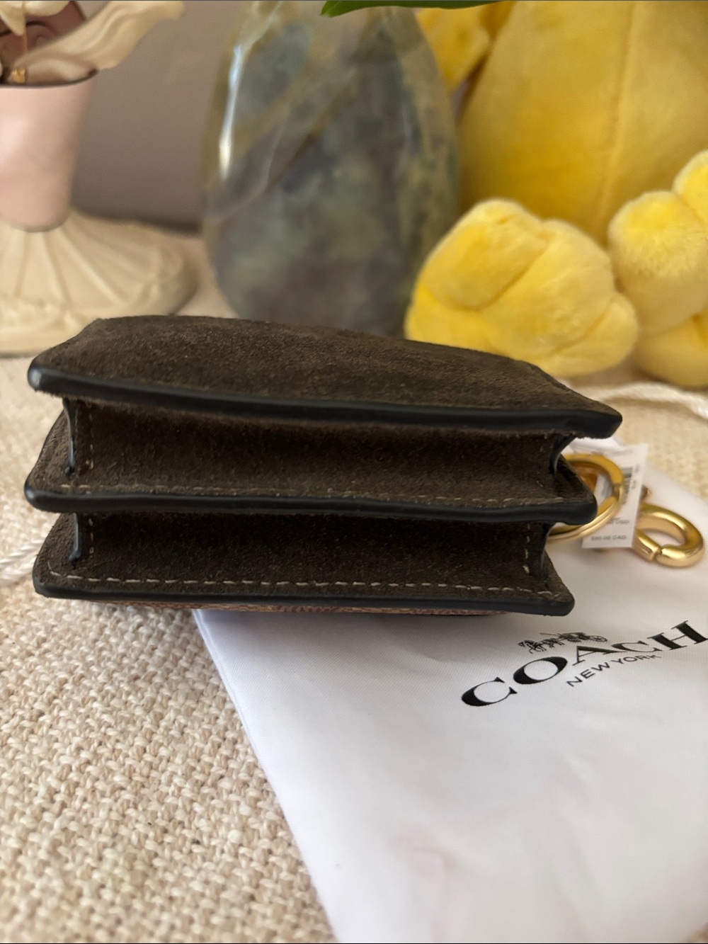 Coach Klare Bag Charm With Signature Canvas NWT Suede/Gold/Army Green/Tan - Picture 3 of 9